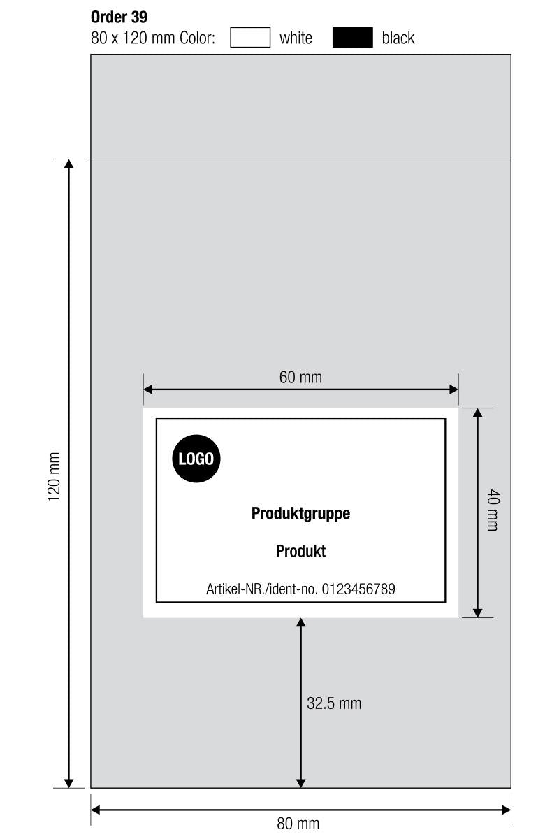 Primjer skice izrade po narudžbi s dimenzijama vrećice (80×120 mm) i područja tiska (60×40 mm)